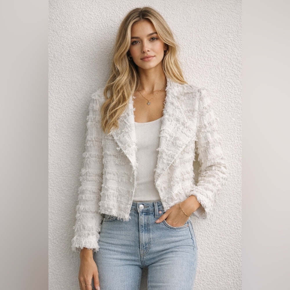 Willow & Clay Ivory Textured Fringe Blazer